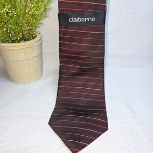 VINTAGE CLAIBORNE 100% SILK TIE STRIPED BROWN, GOLD, RUST, TEXTURED EUC